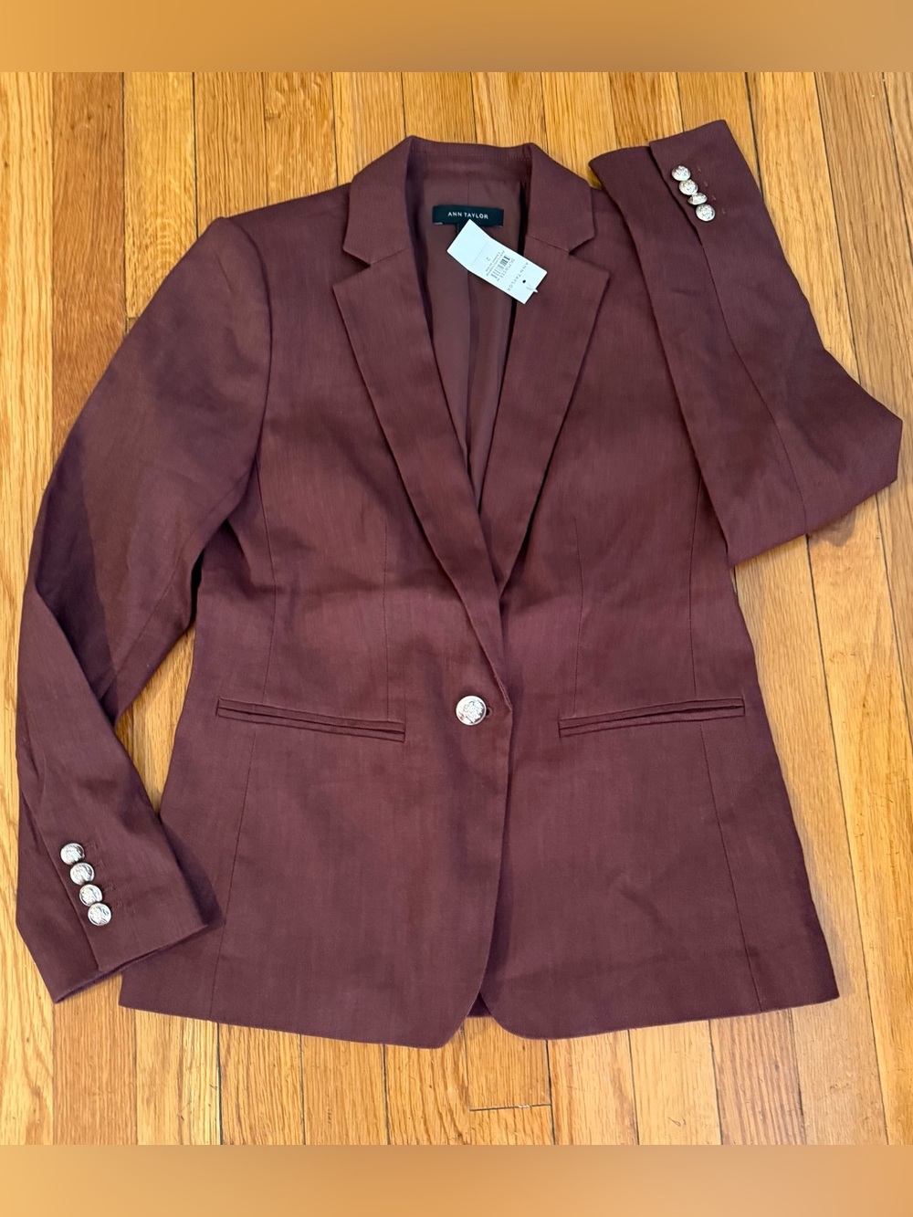 NWT Ann Taylor Deep brown/burgundy fall Thanksgiving single button blazer linen
